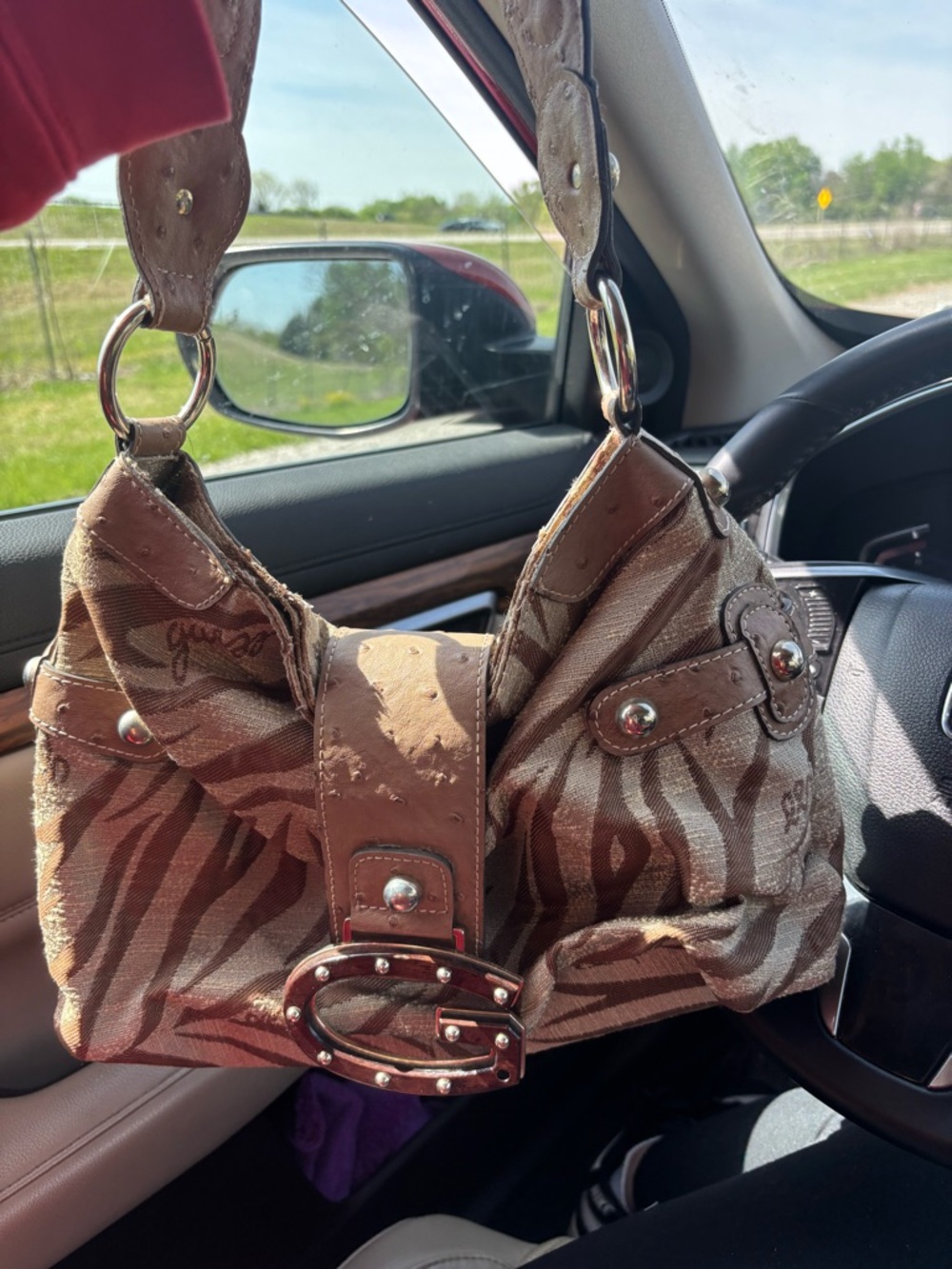 Guess Tan and Brown Zebra-Print Shoulder Bag with Studded Buckle